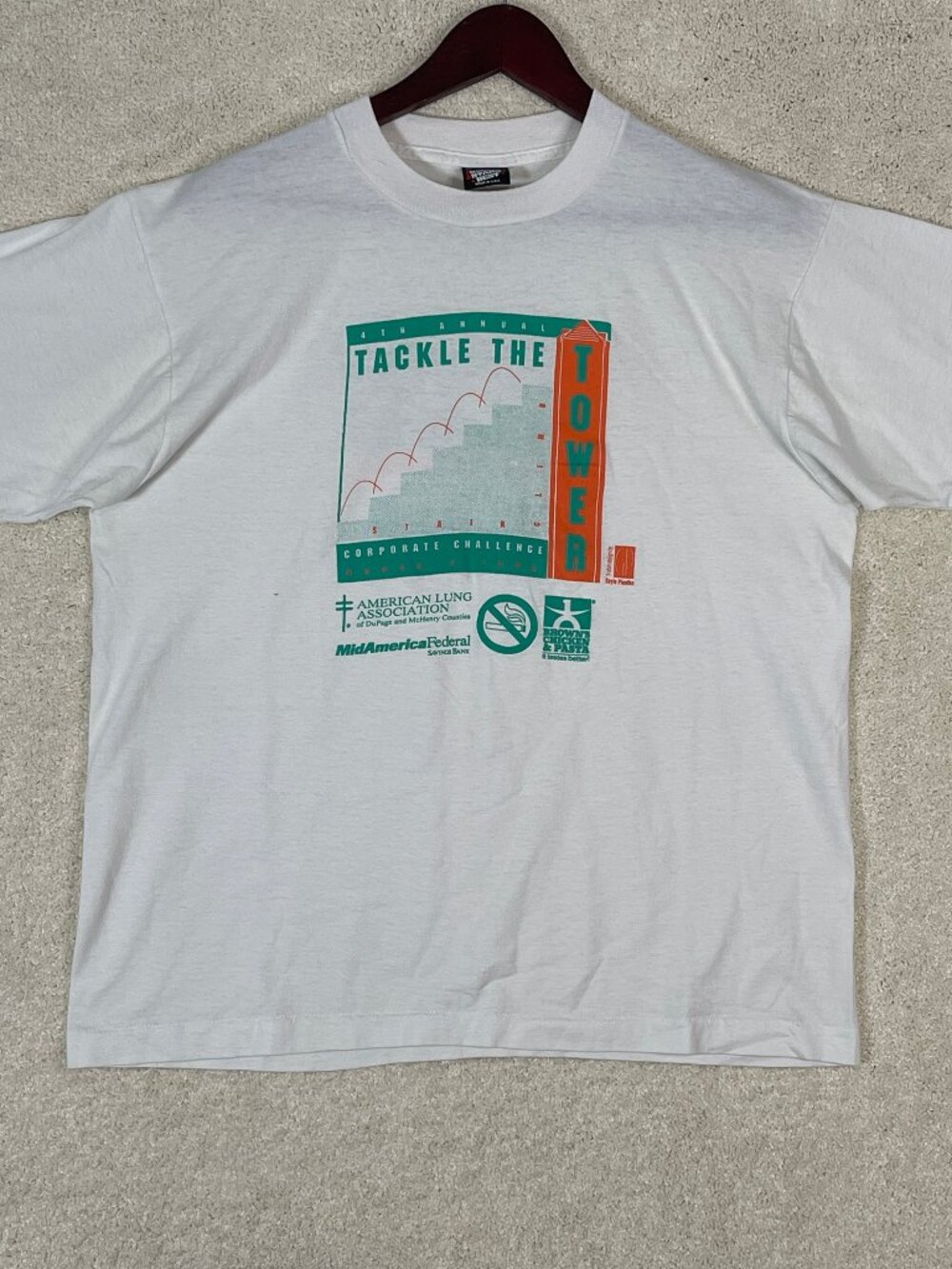 Vintage 1992 Screen Stars Tackle The Tower T Shirt Size XL Made in USA White
